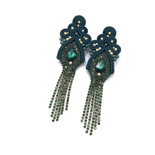 kolczyki soutache Kolczyki sutasz zielone złote z cyrkoniami Lilla długie błyszczące