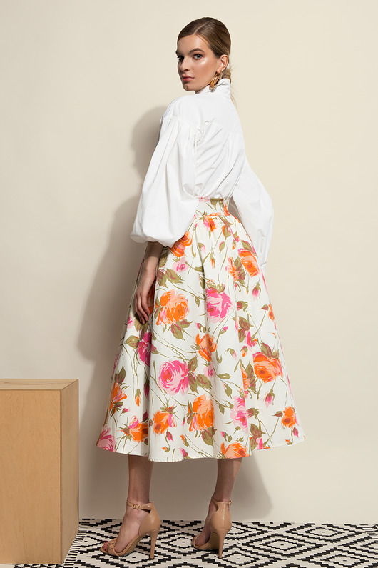 spódnice midi Spódnica ecru w kwiaty midi