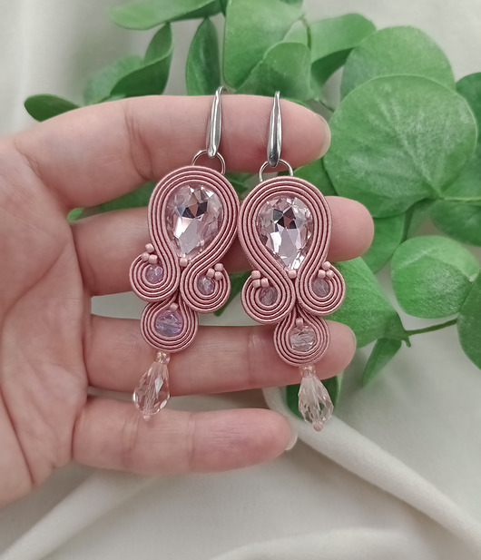 kolczyki soutache Kolczyki brudny zgaszony róż, kolczyki na wesele, wiszące kolczyki