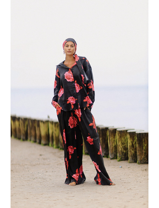 komplety damskie CS - Wiskozowy komplet oversize ROSE czarny w czerwone róże