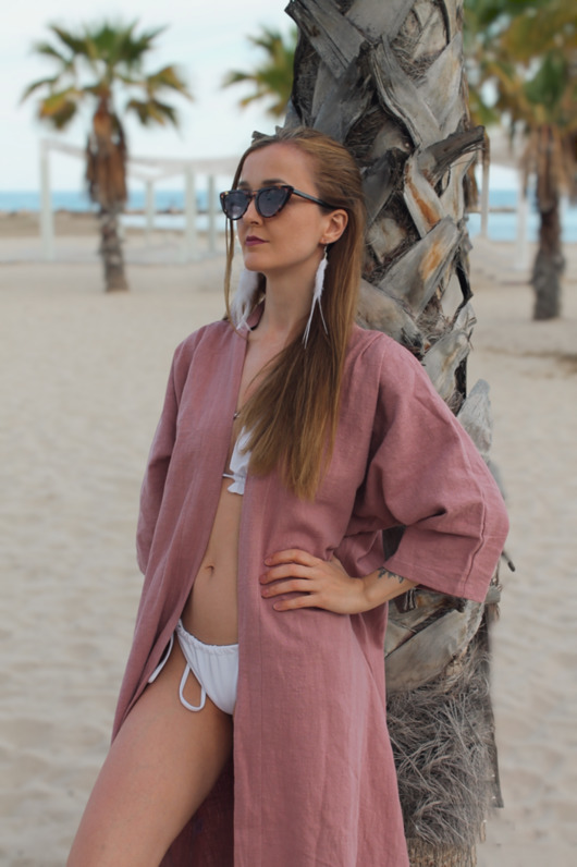 sukienki midi damskie Lniana sukienka kimono midi z paskiem