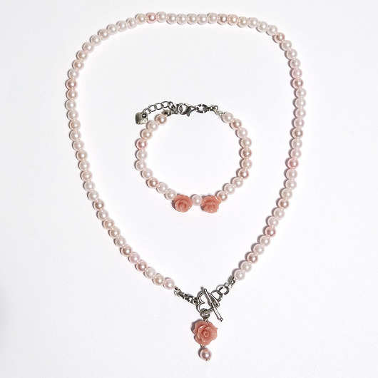 komplet biżuterii Komplet - Pudrowa różyczka, perełki róż