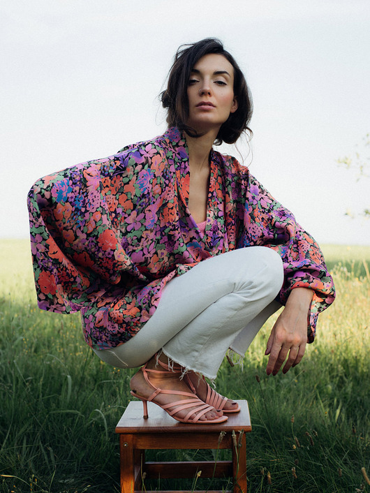 bluzki kimonowe damskie Kimono Purple Flower SHORT