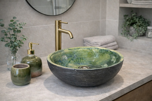 umywalki Umywalka Ceramiczna Nablatowa Ręcznie Robiona w Ciemnej Butelkowej Zieleni
