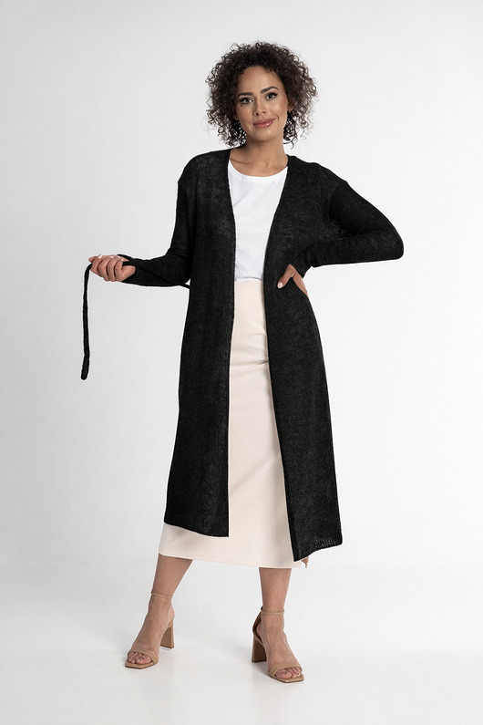 kardigany damskie Długi kardigan wełniany z paskiem - Czarny