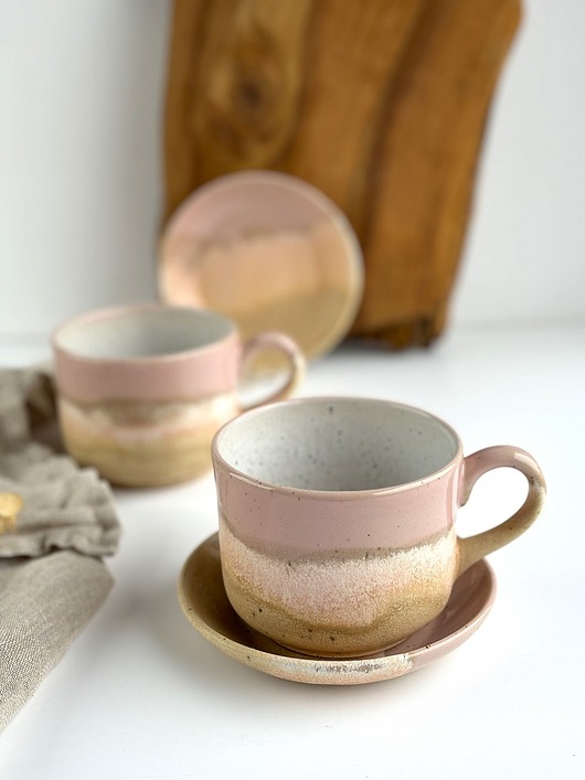 filiżanki Kubek / Filiżanka Beczułka ze spodkiem  350 ml - Różowe migdały