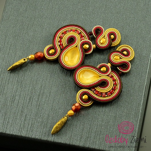 kolczyki soutache Złoto, bordo i brąz - ekstrawaganckie kolczyki sutasz