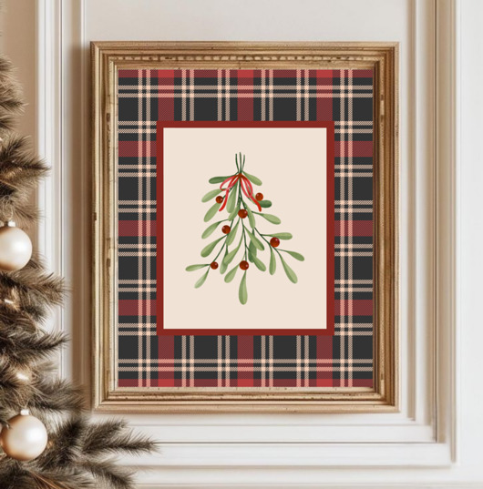 plakaty PLAKAT świąteczny jemioła vintage grafika krata