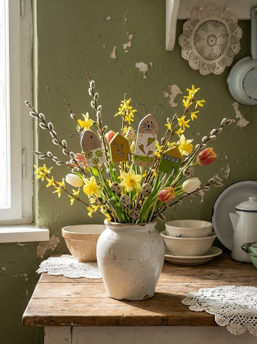 ozdoby wielkanocne Zestaw Wielkanocny Drewniane Ozdoby  na piku w Stylu Skandynawskim