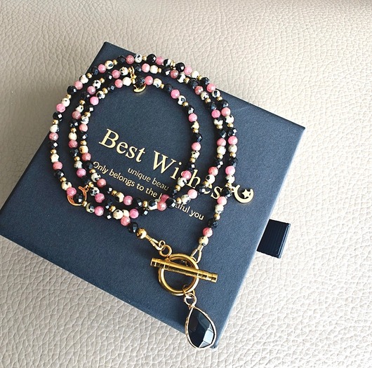 złote naszyjniki Długi naszyjnik turmalin rodonit i jaspis