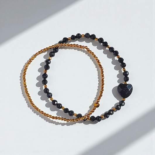 bransoletki z kamieni naturalnych Komplet granatowo-złoty : bransoletki z serduszkami : na prezent