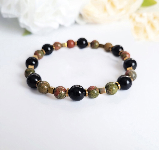 bransoletki z kamieni naturalnych Szczęśliwy związek- bransoletka z Unakitem i Obsydianem