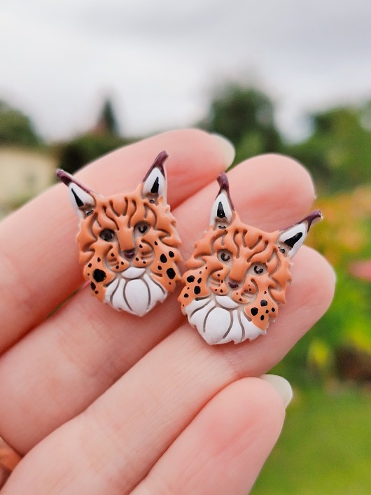 kolczyki z masy plastycznej Kolczyki rysie, biżuteria z rysiem, lekkie kolczyki kotami, prezent, boho