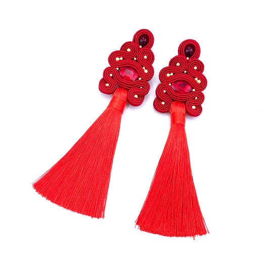 kolczyki soutache Gigi eleganckie wieczorowe czerwone kolczyki sutasz z chwostami