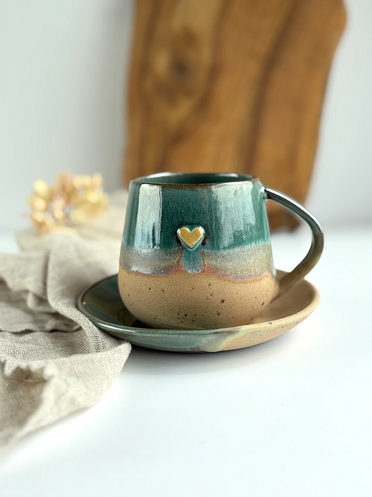 kubki Kubek / Duża filiżanka ze spodkiem 320 ml - Rajska Plaża z sercem