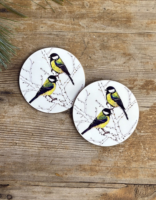 podkładki do kuchni Podkładki pod kubek- Sikorki bogatki- Ilustracja- Great Tit coasters
