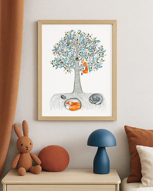 obrazy i plakaty do pokoju dziecięcego Drzewko ze zwierzątkami, 30x40 cm
