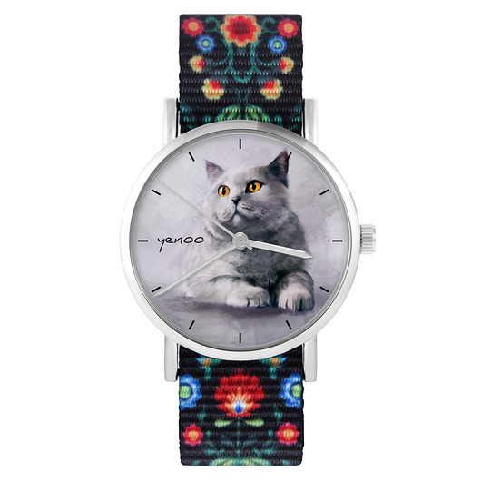 zegarki damskie Zegarek - Brytyjski kot - folk czarny, nylonowy