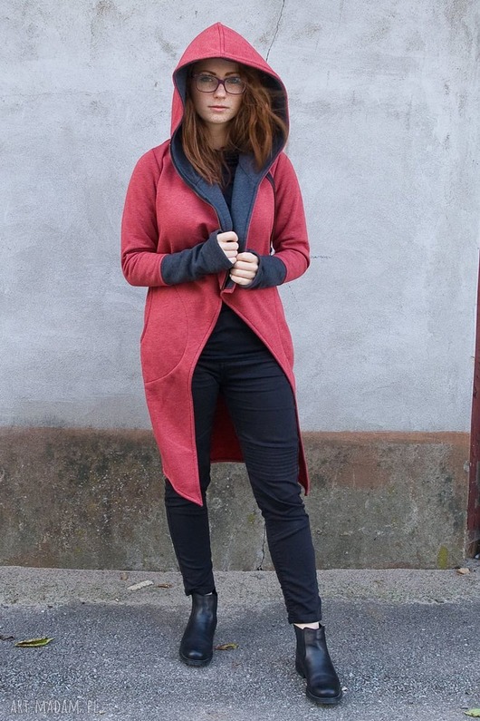 bluza z kapturem damska Płaszcz damski z kapturem,  bluza długa bawełniana malinowa