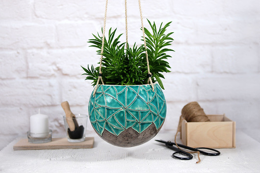 Duża ceramiczna doniczka wisząca - turkus 10FingersArt