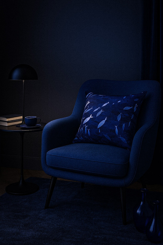 poduszki z grafiką Aksamitna PODUSZKA dekoracyjna, autorski print w granatowe rybki