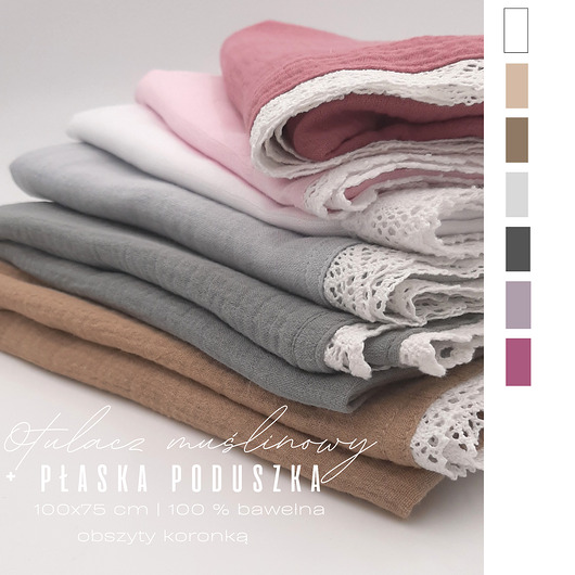 kocyki, kołderki, pościel dla dzieci Muślinowy kocyk otulacz + poduszka 100x75cm  koronka  kolory