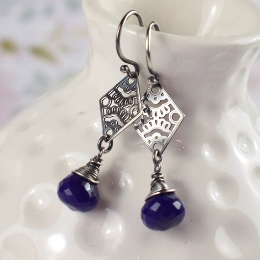 kolczyki wire wrapping Purpurowy chalcedon  - kolczyki