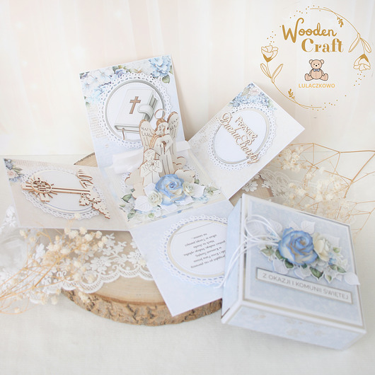 kartki na komunię Exploding box komunijny, kartka na komunię "BlueRoses" GOTOWY