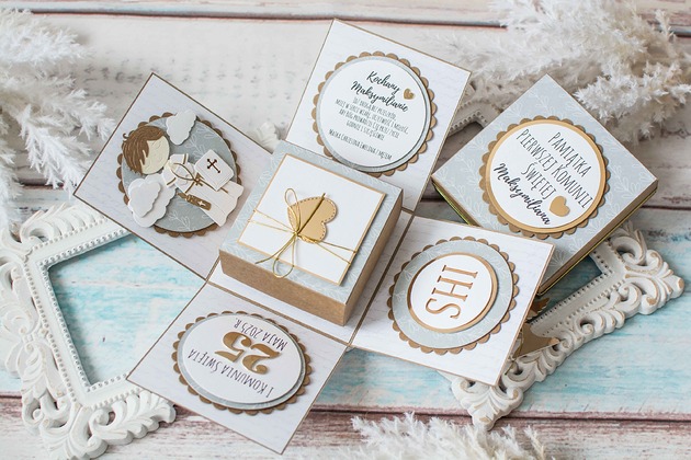kartki scrapbooking Pamiątka Pierwszej Komunii Świętej, exploding box
