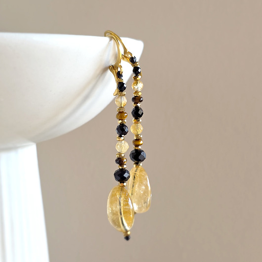 kolczyki z kamieniami Kolczyki wiszące UNIKAT czarny turmalin, cytryn, apatyt, tygrysie oko