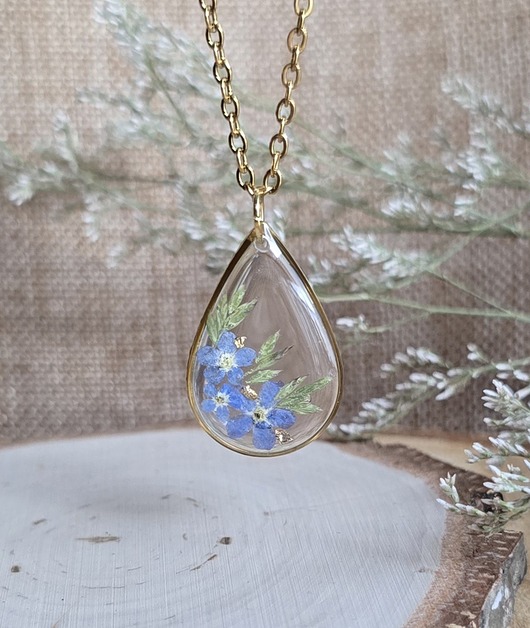 wisiory Wieczne kwiaty złoty wisiorek prawdziwe kwiaty naszyjnik niezapominajki