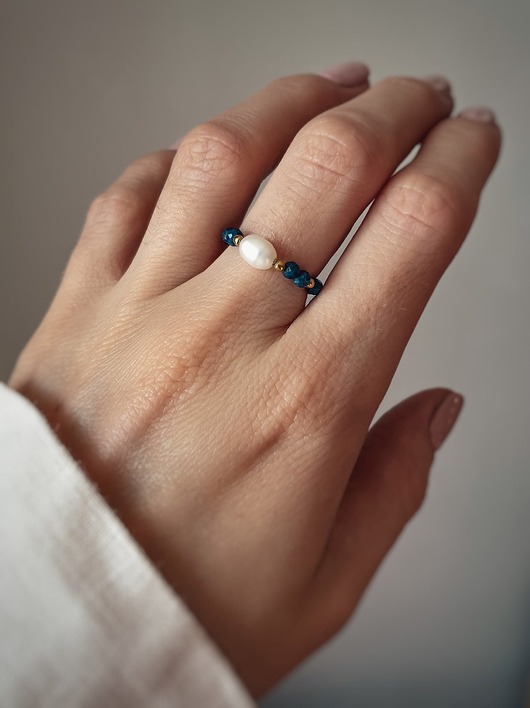pierścionki elastyczne Pierścionek elastyczny kamienie naturalne lapis lazuli i perła