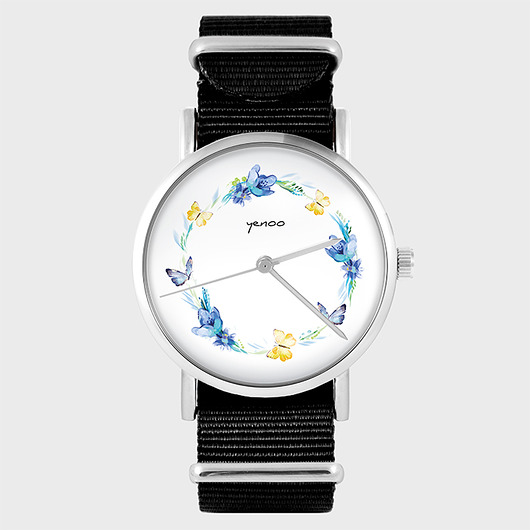 zegarki damskie Zegarek - Wianek, motyle - czarny, nylonowy