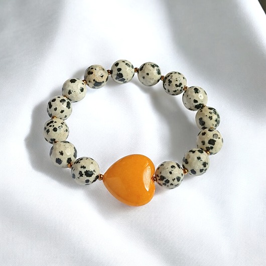 bransoletki z kamieni naturalnych Jaspis dalmatyński i serce : MIODOWE : bransoletka na gumce