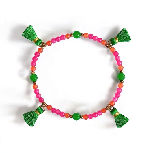 bransoletki z kamieni naturalnych NA NOGĘ : summer fruits : jadeit i chwosty : róż-pomarańcz-zieleń