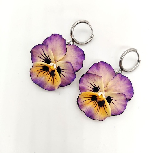 kolczyki z masy plastycznej Kolczyki bratki żółte fioletowe wiszące handmade, kwiaty z gliny polimerowej