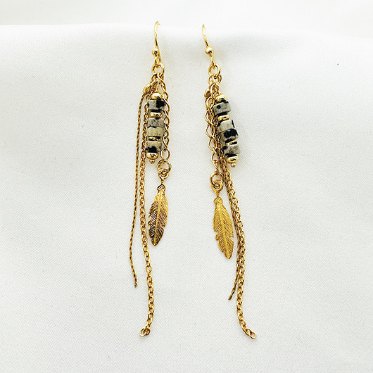 kolczyki z kamieniami Kolczyki  z kamieni, czarno biały jaspis,złote piórko