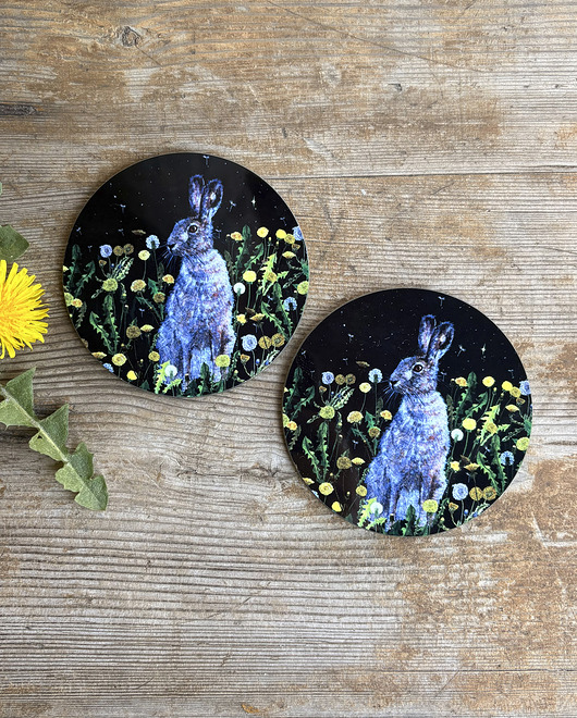 podkładki do kuchni Podkładki pod kubek-Zając-Nocny zając- ilustracja