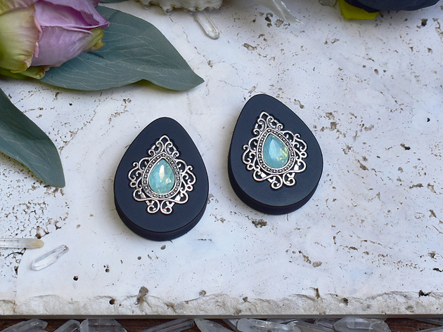 biżuteria różna Tunele do uszu 34-60mm / łezki z wiktoriańską ozdobą i kryształkiem