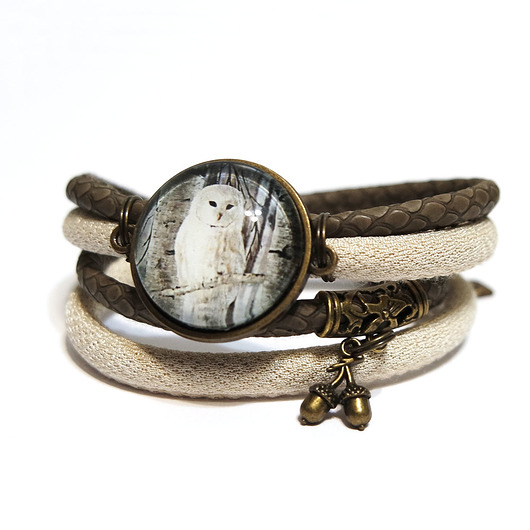 bransoletki ze szkła Bransoletka - Sowa, żołędź - owijana, beżowa