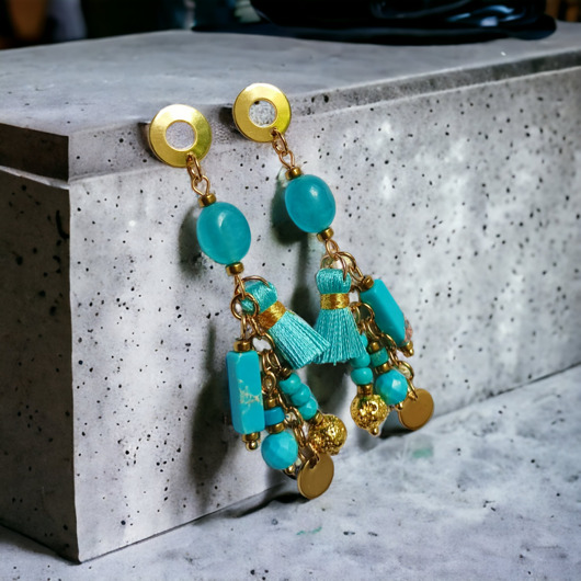 kolczyki z kamieniami Turkusowe kolczyki Boho : długie i fikuśne
