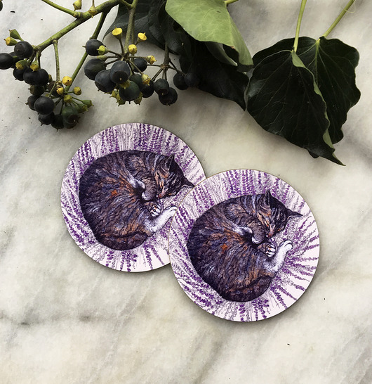 podkładki do kuchni Podkładki pod kubek- Kot i wrzos- Ilustracja