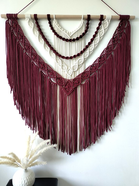 makramy Duża Makrama Ścienna BURGUNDIA XXL Bordo Ecru 100x100 cm
