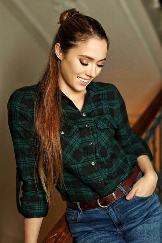 koszule damskie Koszula flanelowa w kratkę zielono-czarna bawełniana