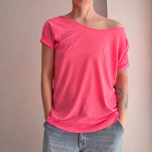 t-shirt damskie Koszulka Fluo róż Oversize Bez Nadruku