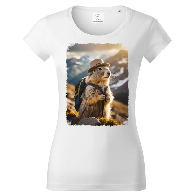 t-shirt damskie Tatra Art świstak na górskim szlaku z plecakiem w kapeluszu koszulka damska v7