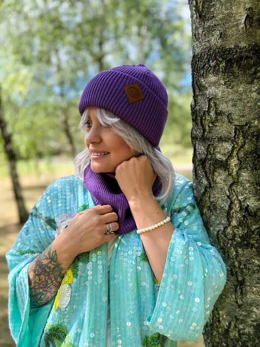 czapki damskie Bawełniana czapka beanie logo ekoskórka Fiolet