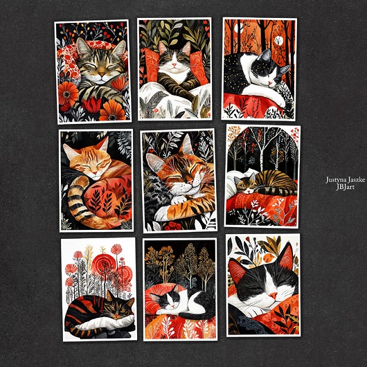 grafiki i ilustracje Śpiący kot  - zestaw 9 grafik
