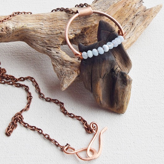 naszyjniki - inne Naszyjnik - wisior z miedzi drewna i akwamarynu /6/