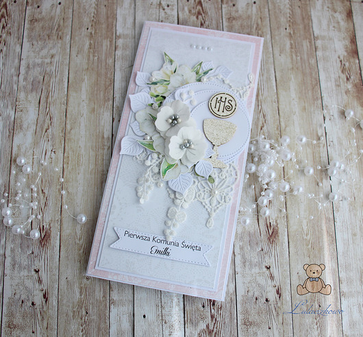 kartki scrapbooking Kartka komunijna pamiątka Flowery Pink GOTOWA
